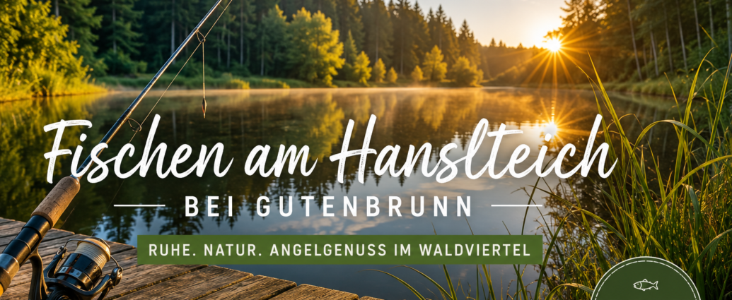Angelurlaub am Hanslteich im Waldviertel - Ferienwohnungen Gutenbrunn Angelrute am Holzsteg vor einem Waldteich bei Sonnenaufgang, ideal für einen entspannten Angelurlaub bei Ferienwohnungen Anna & Herbert Gutegenbrunn.