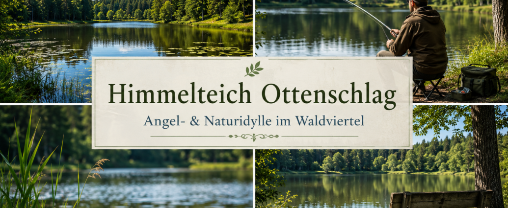 Collage vom Himmelteich bei den Ferienwohnungen Anna & Herbert Gutegenbrunn mit Angler und Bank im Waldviertel für einen erholsamen Natururlaub.