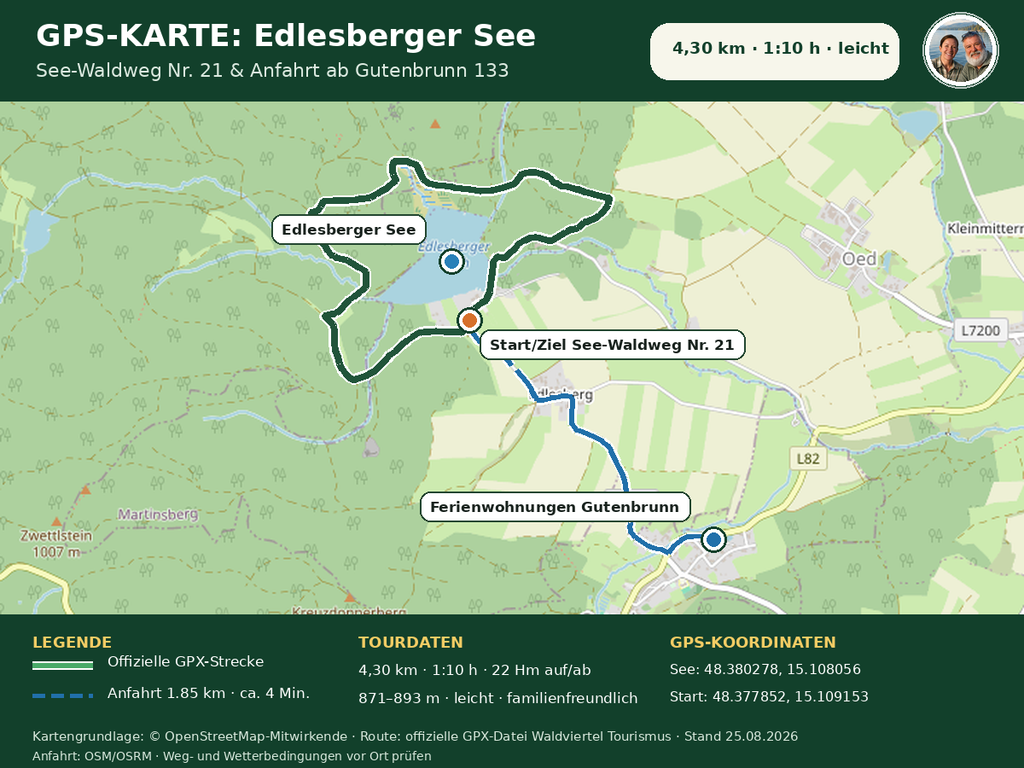 gps-karte-edlesberger-see-martinsberg - Ferienwohnungen Gutenbrunn GPS-Karte des offiziellen See-Waldwegs Nr. 21 und der Anfahrt von den Ferienwohnungen Gutenbrunn zum Edlesberger See