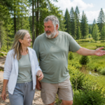 Naturerlebnis bei Ferienwohnungen Anna & Herbert Gutegenbrunn - Ferienwohnungen Gutenbrunn Ein Paar spaziert entspannt durch den Wald nahe der Ferienwohnungen Anna & Herbert Gutegenbrunn im barrierefreien Waldviertel.
