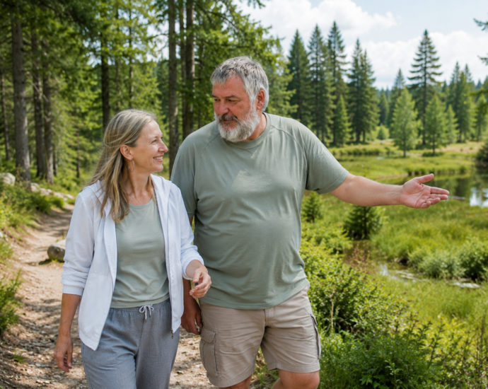 Ein Paar spaziert entspannt durch den Wald nahe der Ferienwohnungen Anna & Herbert Gutegenbrunn im barrierefreien Waldviertel.
