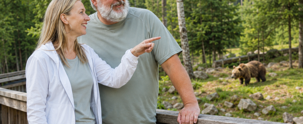 Naturerlebnis bei Ferienwohnungen Anna & Herbert Gutegenbrunn - Ferienwohnungen Gutenbrunn Ein Paar beobachtet einen Bären bei den Ferienwohnungen Anna & Herbert Gutegenbrunn, ideal für einen barrierefreien Urlaub im Waldviertel.