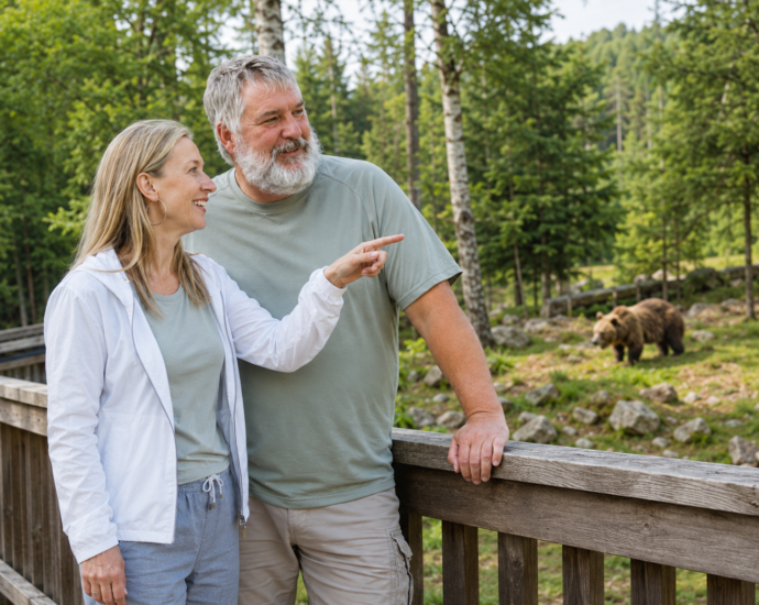 A couple watches a bear near the Anna & Herbert Gutegenbrunn vacation rentals, which are ideal for a barrier-free vacation in the Waldviertel.