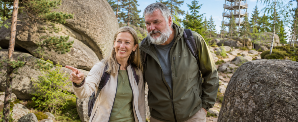 Ein Paar beim Wandern nahe der Ferienwohnungen Anna & Herbert Gutegenbrunn im Waldviertel, im Hintergrund der Aussichtsturm bei den Felsformationen.