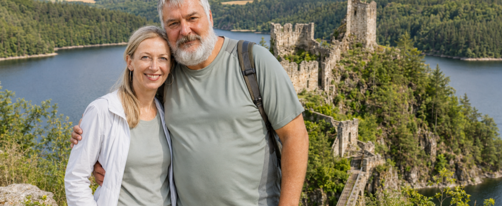 Wandern im Waldviertel bei den Ferienwohnungen Gutegenbrunn - Ferienwohnungen Gutenbrunn Ein Paar genießt den Ausblick auf eine Burgruine am See nahe der Ferienwohnungen Anna & Herbert Gutegenbrunn im Waldviertel.