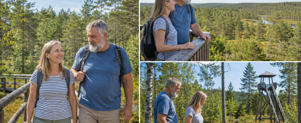 Túrázás a Waldviertel régióban az Anna & Herbert nyaralóházaknál – Gutenbrunn nyaralóházak Egy pár sétál egy akadálymentes fa járdán a Waldviertelben, az Anna & Herbert Gutegenbrunn üdülőapartmanok közelében, és élvezi a természetet.