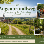 Pěší turistika po stezce Augenbründlweg ve Waldviertelu – prázdninové apartmány Gutenbrunn Infografika o stezce Augenbründlweg u Sallingbergu poblíž prázdninových apartmánů Anna & Herbert Gutegenbrunn s turistickými skupinami a idylickou lesní scenérií ve Waldviertelu.