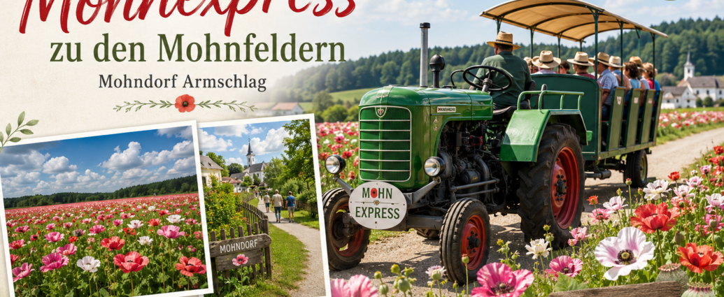 Výlet s Mohnexpressem do Waldviertelu – prázdninové apartmány v Gutenbrunnu Reklamní plakát pro „Mohnexpress“ ve Waldviertelu u prázdninových apartmánů Anna & Herbert Gutegenbrunn s traktorem a rozkvetlými makovými poli pro rodiny.