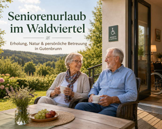 Pár si vychutnáva kávu na terase apartmánov Anna & Herbert Gutegenbrunn, bezbariérového dovolenkového rezortu v krásnom regióne Waldviertel.