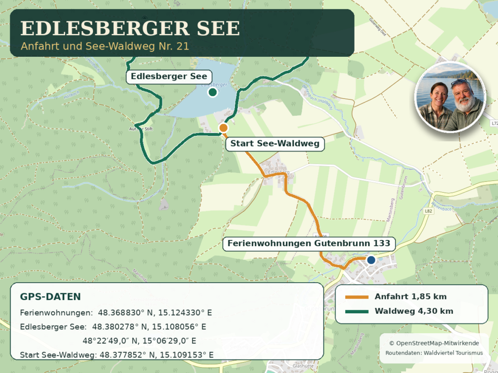 Map to Lake Edlesberg - Gutenbrunn Vacation Rentals Map of the Anna & Herbert Gutenbrunn Vacation Rentals, showing directions to Lake Edlesberg and GPS coordinates for an accessible outing.