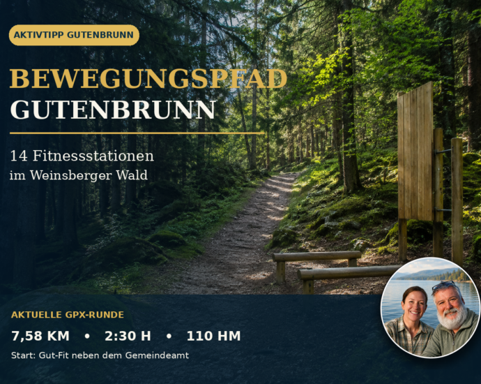 Bewegungspfad Gutenbrunn mit Waldweg und symbolischer Fitnessstation sowie Anna und Herbert