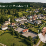 Ferienwohnungen Anna & Herbert Gutegenbrunn im Waldviertel - Ferienwohnungen Gutenbrunn Luftaufnahme von Gutenbrunn im Waldviertel mit Ferienwohnungen Anna & Herbert Gutegenbrunn und einem lächelnden Paar im runden Porträtbild.
