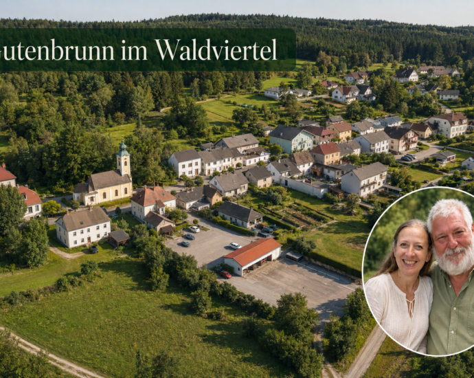 Luftaufnahme von Gutenbrunn im Waldviertel mit Ferienwohnungen Anna & Herbert Gutegenbrunn und einem lächelnden Paar im runden Porträtbild.