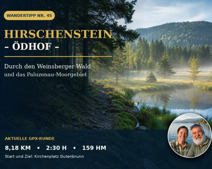 Wandertipp Hirschenstein Ödhof bei Ferienwohnungen Gutegenbrunn - Ferienwohnungen Gutenbrunn Wandertipp für Ferienwohnungen Anna & Herbert Gutegenbrunn: Eine malerische Waldlandschaft mit See und ein lächelndes Paar für Wanderbegeisterte.
