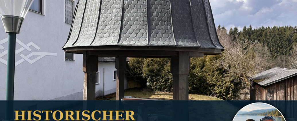 historická-prehliadka-mesta-Gutenbrunn - Ubytovanie v Gutenbrunne Pôvodná studňa v Gutenbrunne s jej zakrivenou strechou, doplnená názvom „Historická prehliadka obce Gutenbrunn“ a panoramatickou fotografiou Anny a Herberta