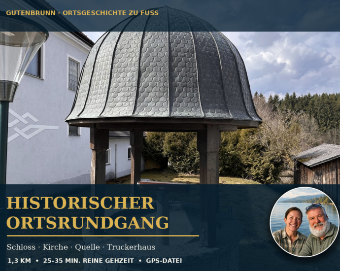 Pôvodná studňa v Gutenbrunne s jej zakrivenou strechou, doplnená názvom „Historická prehliadka obce Gutenbrunn“ a panoramatickou fotografiou Anny a Herberta