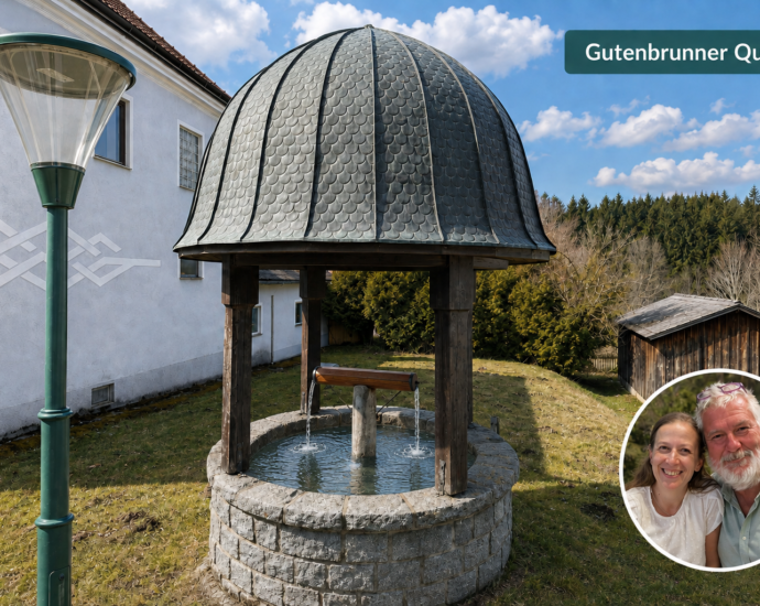 Die Gutenbrunner Quelle nahe der Ferienwohnungen Anna & Herbert Gutegenbrunn im Waldviertel, umgeben von einer idyllischen, barrierefreien Außenanlage.