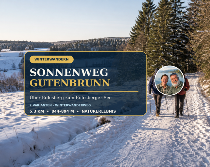 Sonnenweg Gutenbrunn mit Winterwanderern und Blick über die verschneite Waldviertler Landschaft