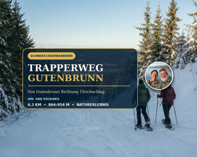 Stezka Trapperweg v Gutenbrunnu s turisty na sněžnicích a dalekým výhledem na zasněženou krajinu Waldviertelu