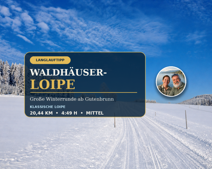 Verschneite Langlaufloipe bei Gutenbrunn als Beitragsbild zur Waldhäuser-Loipe mit Tourdaten und Anna und Herbert