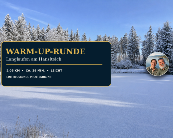 Naval information card on a snowy lakeside: 'WARM-UP-RUNDE' with 'Langlaufen am HanslTeich', distance, time, difficulty, and starting point; plus a circular photo of two people to the right.