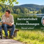 Accessible Vacation Rentals in the Waldviertel - Anna and Herbert's Vacation Rentals - Vacation Rentals in Gutenbrunn A couple outdoors by a lake; a woman in a wheelchair shows a brochure to a man, with a natural backdrop and a text banner about accessible vacation rentals.