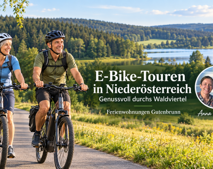 Banner featuring two seniors biking on a sunny trail by a lake and forest; headline promoting e-bike tours in Lower Austria with a photo of Anna and Herbert.
