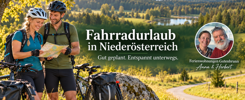 Biking Vacation in Lower Austria - Anna and Herbert - Gutenbrunn Vacation Rentals Two cyclists in hiking gear stood next to their fully loaded bikes in a sunny countryside setting, checking a map; promotional banner for a cycling vacation in Lower Austria (Fahrradurlaub in Niederösterreich).