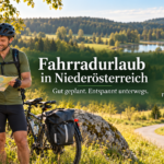 Biking Vacation in Lower Austria - Anna and Herbert - Gutenbrunn Vacation Rentals Two cyclists in hiking gear stood next to their fully loaded bikes in a sunny countryside setting, checking a map; promotional banner for a cycling vacation in Lower Austria (Fahrradurlaub in Niederösterreich).