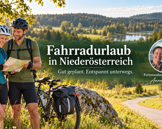Two cyclists in hiking gear stood next to their fully loaded bikes in a sunny countryside setting, checking a map; promotional banner for a cycling vacation in Lower Austria (Fahrradurlaub in Niederösterreich).