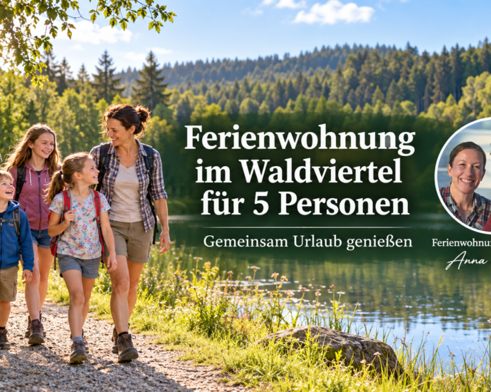 Ötfős család túrázik egy tóparti ösvényen; a transzparens egy ötfős nyaralót hirdet a Waldviertel régióban.