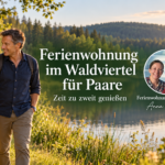ferienwohnungen für paare - anna und herbert - Ferienwohnungen Gutenbrunn Couple walking hand in hand beside a sunlit lake with forest backdrop, promoting a couples’ vacation rental in Walviertel (German banner).