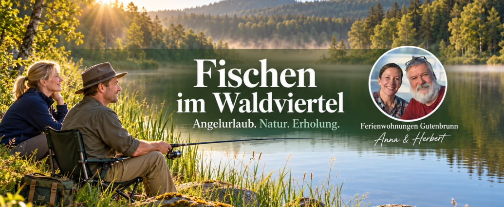 fischen im waldviertel - ferienwohnungen anna und herbert - Ferienwohnungen Gutenbrunn Couple sits fishing by a calm lake at sunrise with forested hills; bold German headline “Fischen im Walviertel” and a round photo of two hosts at the right.