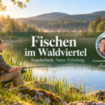 Fishing in the Waldviertel - Anna and Herbert's Vacation Rentals - Vacation Rentals in Gutenbrunn A couple is sitting by a calm lake at sunrise, surrounded by forested hills; a bold German headline reads “Fischen im Walviertel,” and a round photo of the two hosts is on the right.