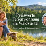 Affordable Vacation Rentals in the Waldviertel - Anna and Herbert Vacation Rentals - Vacation Rentals in Gutenbrunn A couple is sitting on a wooden bench by the lake, with a forest in the background; main advertising message: Affordable vacation rental in the Walviertel region—book directly. Enjoy your vacation.