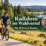 Cycling in the Waldviertel - Anna and Herbert Vacation Rentals - Vacation Rentals in Gutenbrunn Two cyclists ride along a winding, wooded path with a scenic valley and a bold headline about cycling in the Waldviertel and the ten best routes.