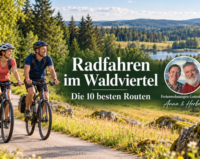 Two cyclists ride along a winding, wooded path with a scenic valley and a bold headline about cycling in the Waldviertel and the ten best routes.