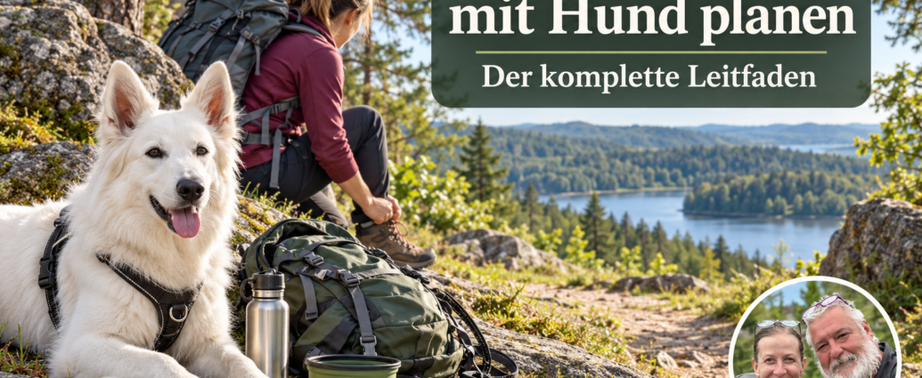 wanderulaub mit hund im Waldviertel planen - Ferienwohnungen Gutenbrunn Hiker with a large backpack sits on a rocky overlook with a white dog, map, and water bottle, planning a dog-friendly hike by a lake.