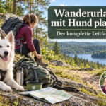 Plánování turistické dovolené se psem ve Waldviertelu – Apartmány Gutenbrunn Turista s velkým batohem sedí na skalnatém vyhlídkovém místě s bílým psem, mapou a lahví s vodou a plánuje výlet k jezeru, na který si může vzít psa.