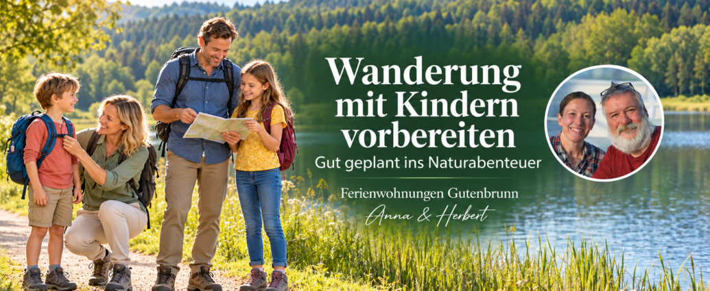 Planning a Hike with Kids - Anna and Herbert Vacation Rentals - Gutenbrunn Vacation Rentals A family of two adults and two children is studying a hiking map on the lakeshore along a sunny forest trail, with mountains in the background.