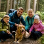 5-beste-wanderwege-im-waldviertel-fur-familien-1790389862 - Ferienwohnungen Gutenbrunn Family of four with a golden retriever kneeling on a forest path.