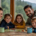 6-nápadů-na-dovolenou-v-přírodě-s-dětmi-za-deště-1790606566-1 - Prázdninové apartmány Gutenbrunn Pětičlenná rodina se usmívá u dřevěného stolu a hraje stolní hru doma v deštivém dni.