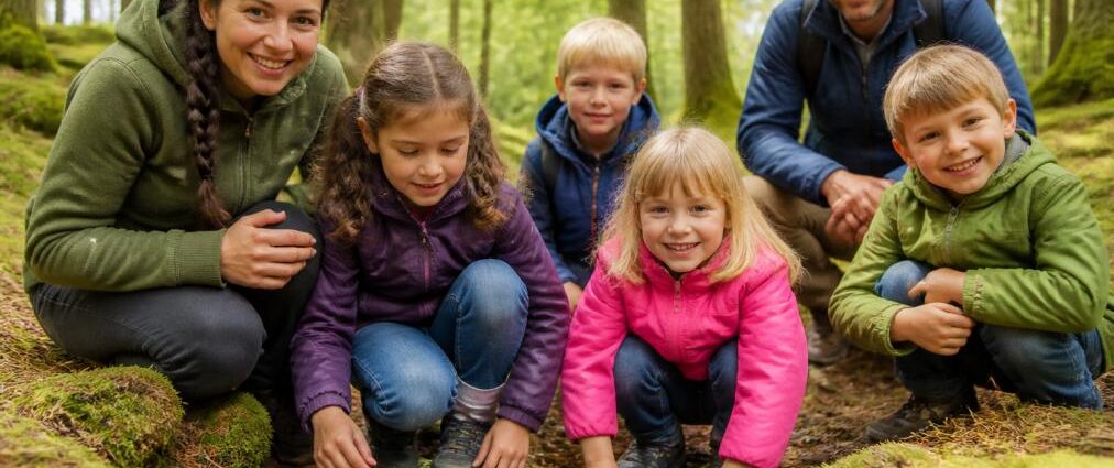A family of six (two adults and four children) kneeling by a mossy forest stream, smiling warmly at the camera in a green woodland setting.