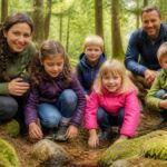 7-přírodních-zážitků-pro-děti-v-Lesním kraji-1790490041 - Prázdninové apartmány Gutenbrunn Šestičlenná rodina (dva dospělí a čtyři děti) klečí u mechového lesního potoka a v zeleném lesním prostředí se laskavě usmívá do objektivu.
