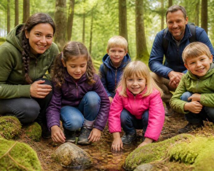 Family of six (two adults and four children) kneeling by a mossy forest stream, smiling at the camera in a green woodland setting solicitously.