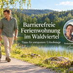 Bezbariérový prázdninový apartmán ve Waldviertelu – tipy na dovolenou – prázdninové apartmány v Gutenbrunnu Turista na vozíku s doprovodem na stezce u lesního jezera, vedle něj Anna a Herbert na fotografické visačce