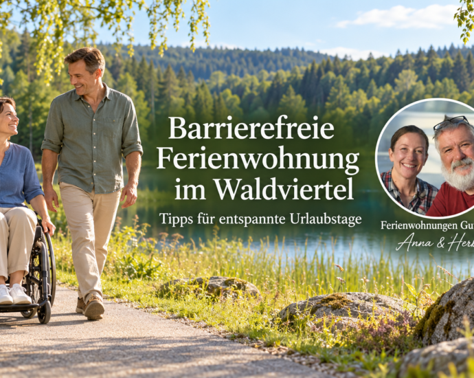 A vacationer in a wheelchair with a companion on a path by the forest lake; next to them, Anna and Herbert in a photo badge