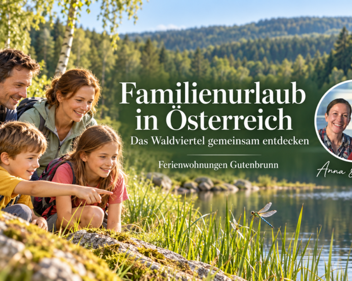 A family with two children watches a dragonfly at the forest lake; next to them are Anna and Herbert in a photo badge.