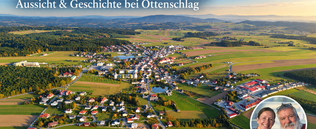 Gutenbrunnerberg – výhľad a história v Ottenschlagu – rekreačné apartmány v Gutenbrunne Prehľad obce Ottenschlag vygenerovaný umelou inteligenciou, obsahujúci polia, lesy a fotografický odznak Anny a Herberta.