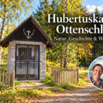 Hubertuskapelle Ottenschlag – Natur, Geschichte und Wandern - Ferienwohnungen Gutenbrunn KI-generierte Ansicht der Hubertuskapelle Ottenschlag mit Giebeldach, Gittereingang und einem Foto-Badge von Anna und Herbert.